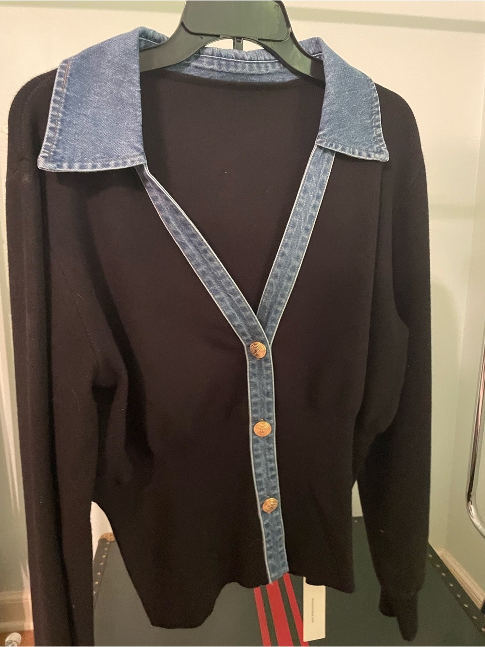 Commense Black Knit Cardigan with Denim-Trim Collar and Button Front